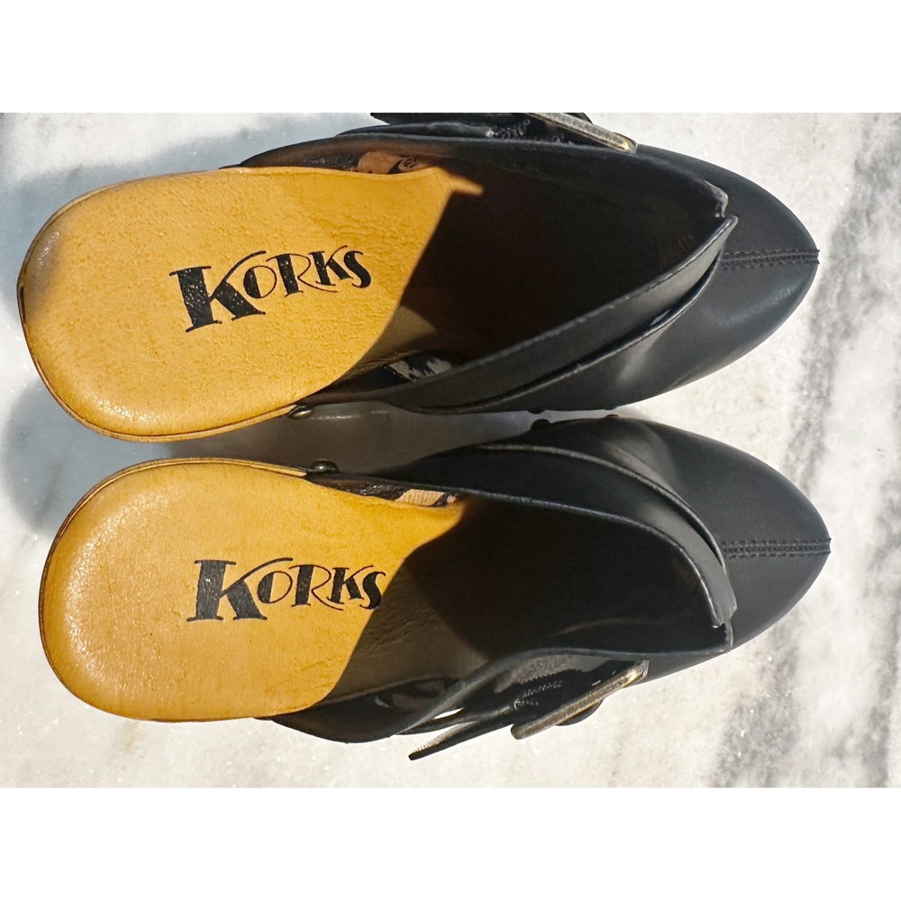 Korks Black Leather Wood Clogs Buckle Studded Heel Mule Shoes Women Size 6 - Picture 4 of 5